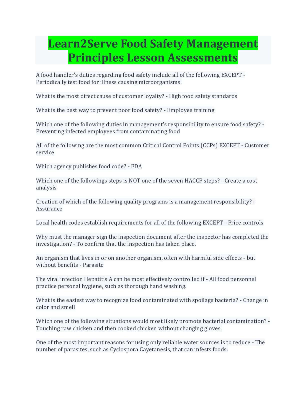 Learn2Serve Food Safety Management Principles Lesson Assessments